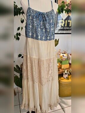 Young Threads Boho Maxi Dress Embroidered Denim Lace Tiered XL NWT